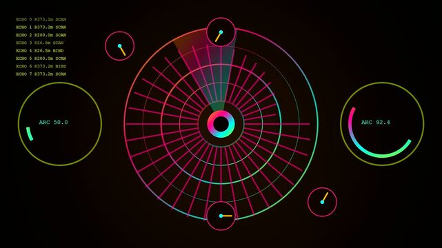 Perception fusion data interface displays spinning circular radar graphs with glowing neon lines and digital metrics rotating rapidly on a black screen for modern science visuals