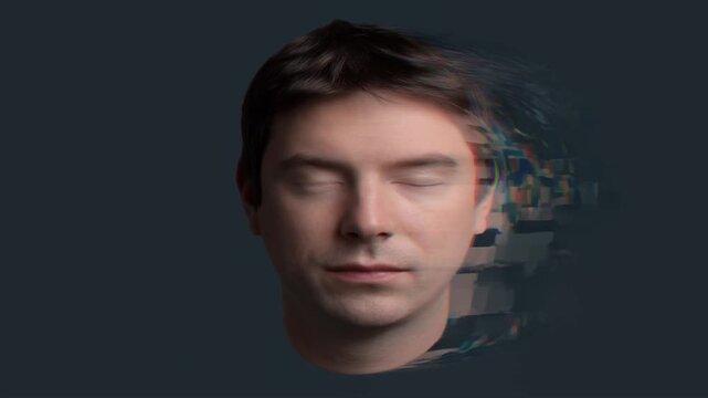 Mans Face Glitching and Breaking Apart Against Dark Background in Digital Effect