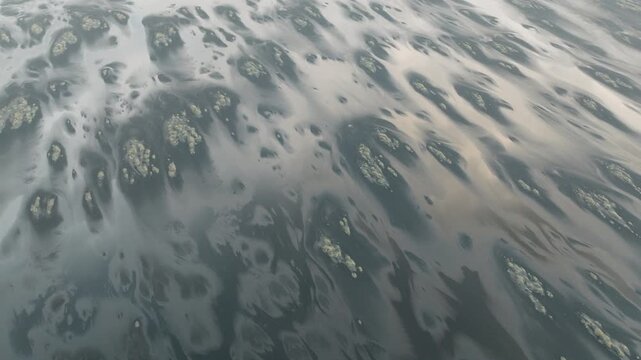 Abstract Aerial of Tidal Pools on Black Sand, Iceland