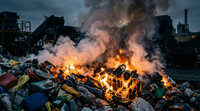 Professional stock photo of a large pile of colorful plastic containers burning with orange flames. Close-up of material melting process and industrial fire incident with realistic smoke plumes.