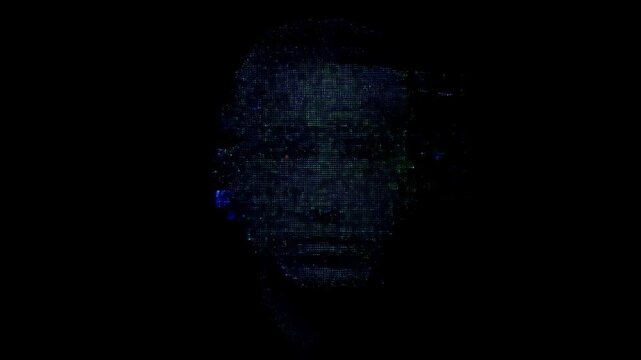 Human face emerging from blue digital dots on black background as image appears