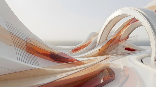 Abstract geometric background with flowing white arches and translucent orange red curves futuristic architectural design