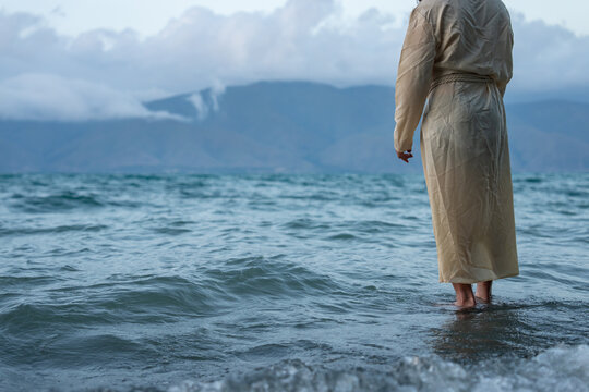 Jesus walks on water, divine miracle, biblical scene.