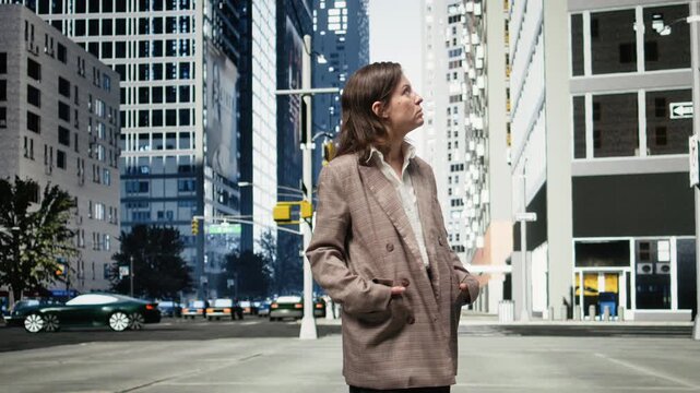 Businesswoman explores downtown with hands in blazer pockets on a city street during daylight; the woman observes metropolitan architecture outdoors while moving through the urban business center.