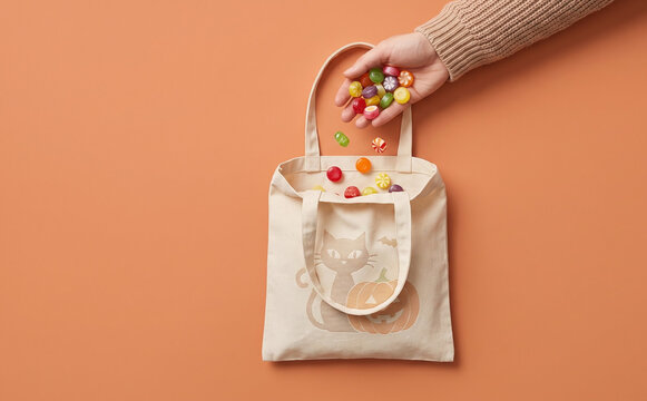 Person pouring colorful Halloween candy into a canvas tote bag on an orange background