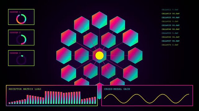 Three panels displaying perception fusion data visualizations with shifting geometric patterns and oscillating waveform graphs on a dark digital display grid for advanced signal processing analysis