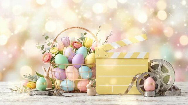 Easter basket filled with colorful eggs tulips and pussy willows next to movie clapperboard. Spring holiday film theme concept celebrating renewal and creativity in cinematic style