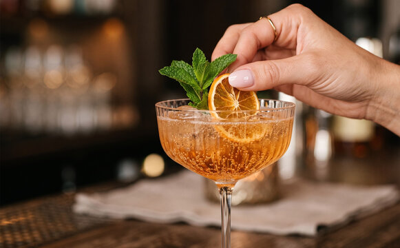 Woman garnishing a craft cocktail with orange slice and mint at a bar