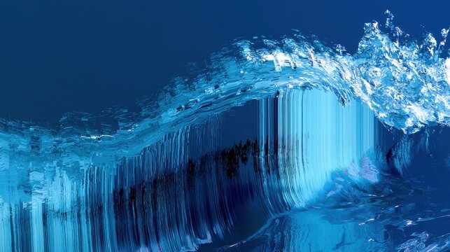 Abstract digital art, a sweeping wave of cyan and white, heavily distorted by pixel sorting along vertical stripes, deep blue background, futuristic energy, glossy surface