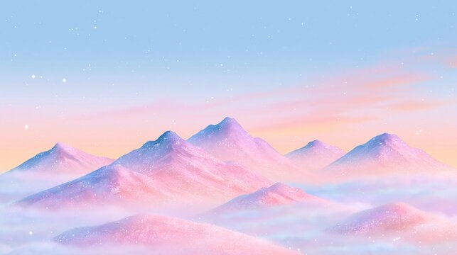 Dreamy pastel mountain landscape in soft pink and blue tones with sparkling snow and a magical winter atmosphere