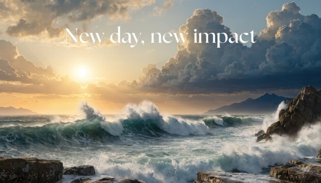 Sunrise over rough ocean with large crashing waves against a rocky coastline under dramatic clouds, featuring text New day, new impact over a coastal landscape and distant hills.