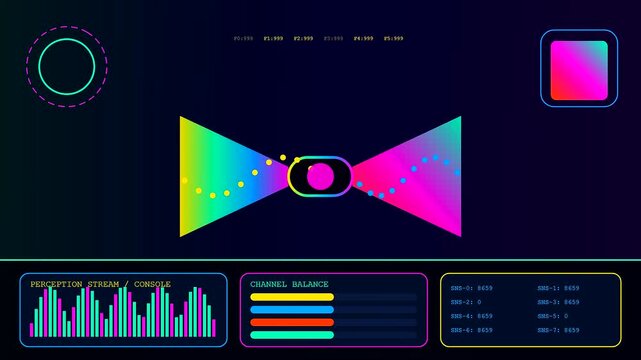 Digital perception fusion interface displays moving geometric waveform patterns alongside neon spectrum graphs and data streams within a complex glowing multi panel studio software environment
