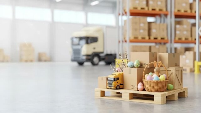 Easter basket filled with colorful eggs and pussy willow branches on wooden pallet with toy truck in modern warehouse. Spring holiday delivery logistics concept for seasonal shipping and packaging