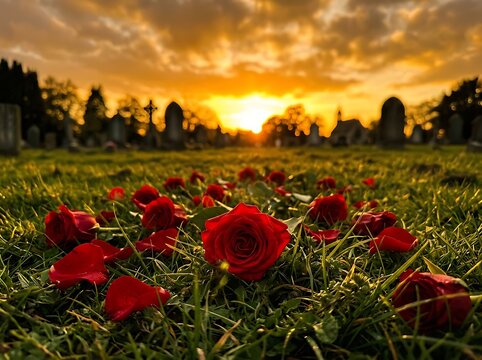 Red Rose Petals Scattered Over a Cemetery Grave on Patriot Day Sunset