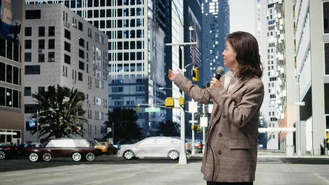 Cheerful field reporter speaks into a microphone on a city street; the smiling journalist delivers a live news update outdoors from a metropolitan boulevard.