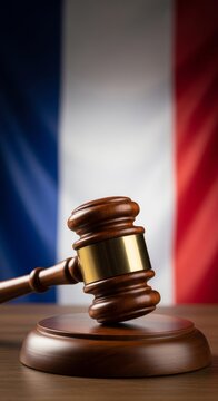 Wooden gavel on desk with french flag in background symbolizing justice and law