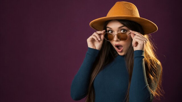 Shocked woman with long brown hair adjusts her sunglasses while wearing a mustard wide-brimmed hat and a blue turtleneck.