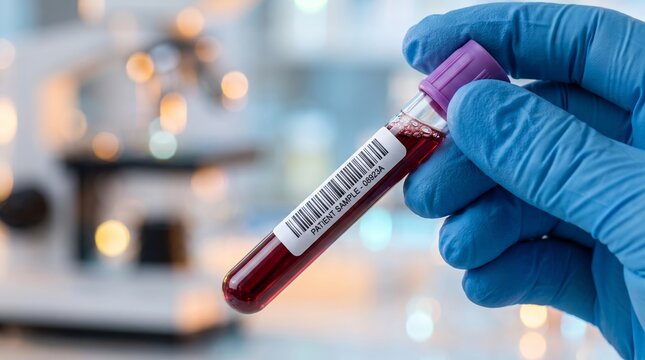 Scientist holds blood sample in test tube, lab environment