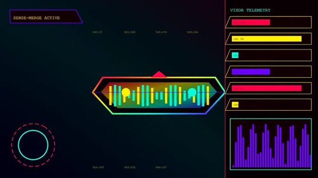 Digital monitoring interface with perception fusion data visualization displaying moving audio frequency patterns alongside glowing neon circular icons and colorful bars on a dark computer screen