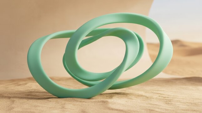 Neo-mint green circular sculpture loop on a vast desert sand background for UI design