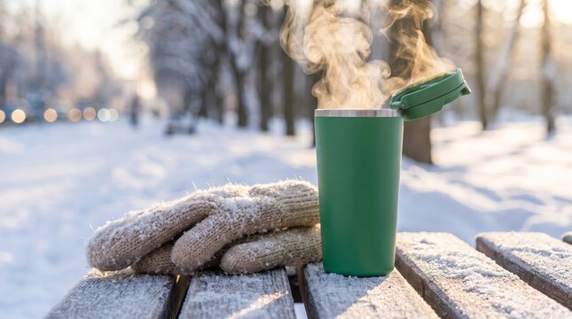 Frosty bench with steaming mug and gloves in winter park