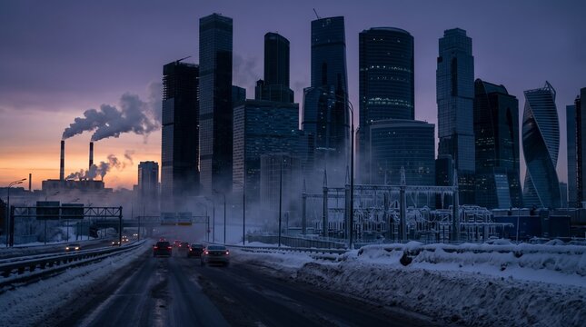 Modern cityscape at twilight with snow and smoke from factories