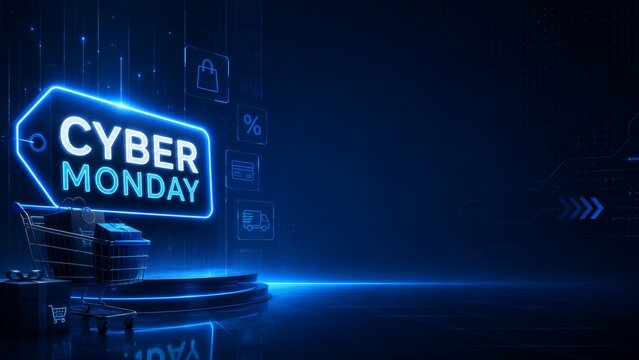 Glowing blue neon price tag featuring Cyber Monday text is positioned near a shopping cart filled with boxes in a digital commerce setting.