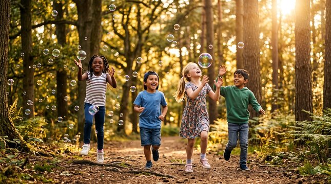 Happy diverse children playing with soap bubbles in a beautiful sunlit forest