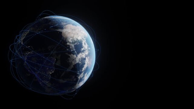 Global data transfer through space above the earth's surface. Networking and communication 3d animation, negative space for titles and content.