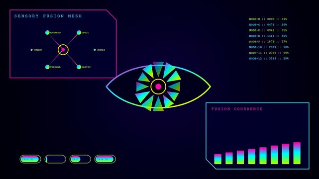 Perception fusion display showing eye symbols and glowing data nodes with bar charts on a dark interface screen during a simulated process of digital analysis