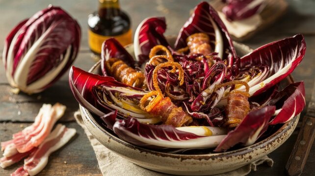 The national dish of Italian cuisine. 
 Insalata di radicchio e bruciatini is a salad in which radicchio chicory leaves are combined with hot cubes of fried pancetta and wine vinegar dressing.