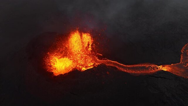 Active lava fountain erupting from volcanic vent with glowing molten flow over dark scoria rim, drifting ash, heat haze, and rugged barren terrain, with lava, eruption, volcano, magma detail