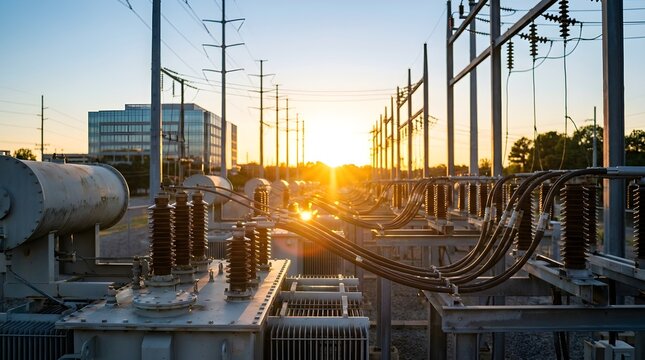 High voltage electrical substation equipment with power transformers at golden hour sunset