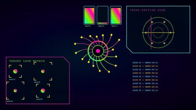 Digital grid display showing perception fusion elements across multiple interface frames with glowing geometric patterns and shifting circular data tracking markers on a dark purple screen