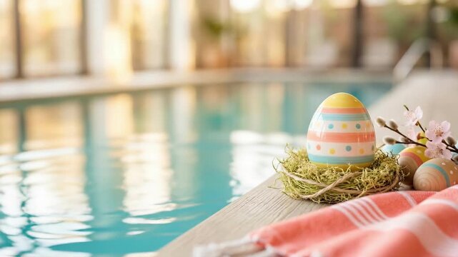 Colorful easter eggs in moss nest on poolside deck with pussy willow branches. Spring holiday decoration and festive setup by indoor swimming pool. Relaxing water theme for easter celebration and