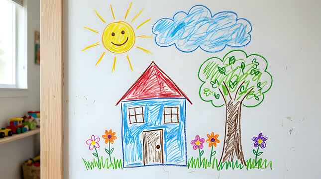 Colorful children drawing of a happy house with a sun and tree sketched on a white board surface inside a bright room during the day