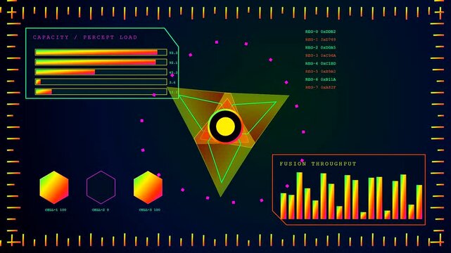 the perception fusion interface displays moving geometric pyramids surrounded by pulsating neon data charts and flickering numerical readouts on a dark digital monitor screen environment simulation