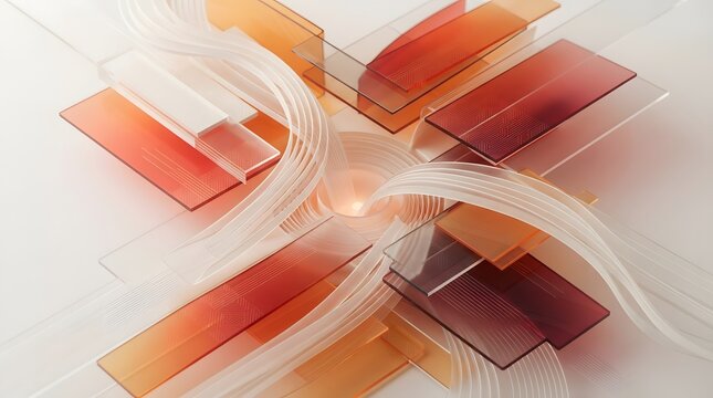 Abstract 3D geometric background with flowing translucent white ribbons and layered orange red rectangular shapes