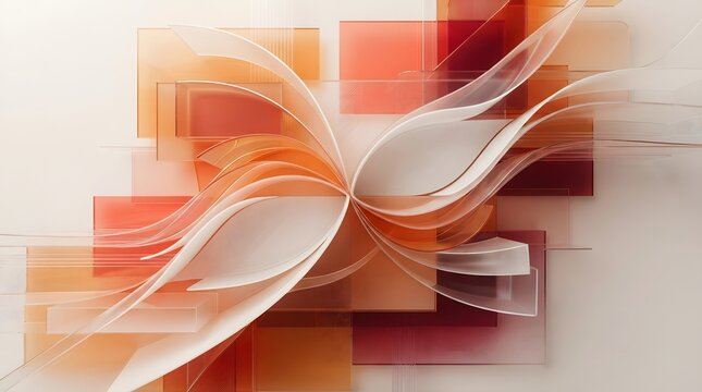 Abstract 3D geometric background with flowing translucent white ribbons and layered orange red rectangular shapes