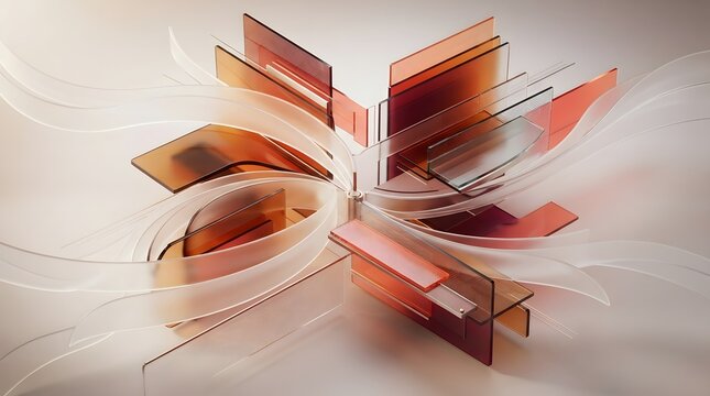 Abstract 3D geometric background with flowing translucent white ribbons and layered orange red rectangular shapes