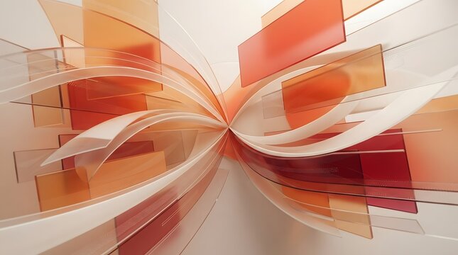 Abstract 3D geometric background with flowing translucent white ribbons and layered orange red rectangular shapes