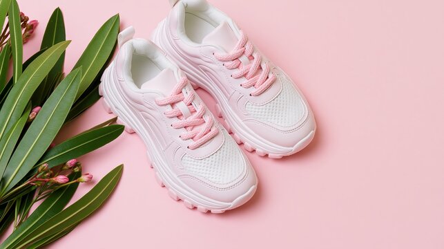 Trendy pink sneakers with green tropical leaves on a pastel pink background with copy space