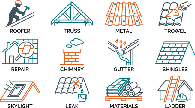 Roofing Service and Construction Icon Set with Roofer Truss Metal Shingles Chimney Gutter Skylight Leak and Ladder Labels for Vector Graphic Design Projects