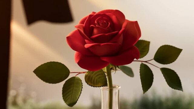 Red rose arranged in glass vase beside a sunlit window with green leaves indoors