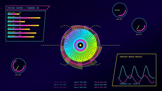 Vibrant perception fusion visual interfaces display dynamic circular data indicators with neon glowing rings and fluctuating wave patterns presented across a dark digital panel grid display