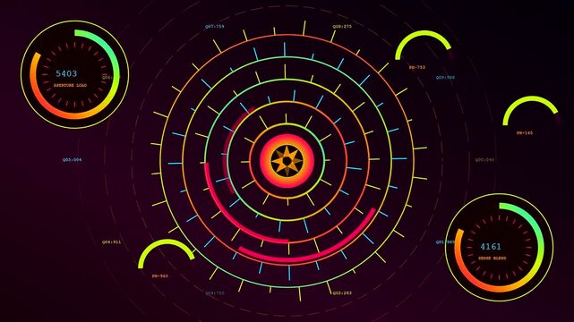 A vibrant perception fusion display features circular gauge interfaces changing colors while glowing neon lines radiate from a central star shape on a dark purple surface