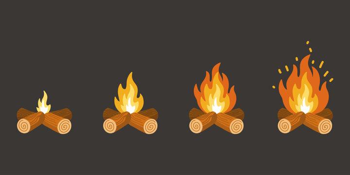 Set of four campfires growing from small flame to large blaze. Cartoon vector illustration on dark gray background