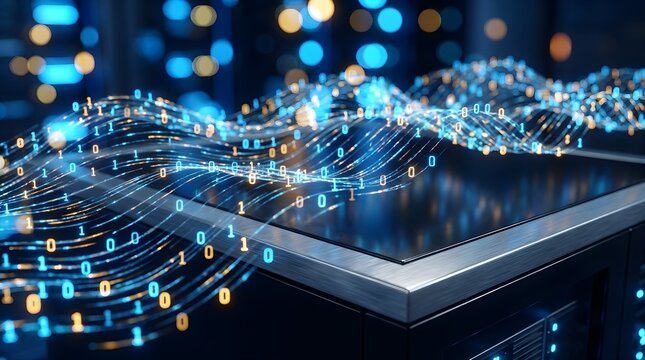 Futuristic binary code data transfer wave over high speed server equipment in dark data center