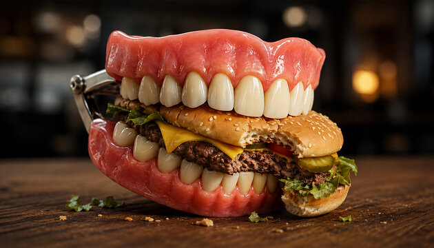 Surreal hamburger inside a set of dentures, combining fast food and dentistry in a humorous conceptual advertising image.