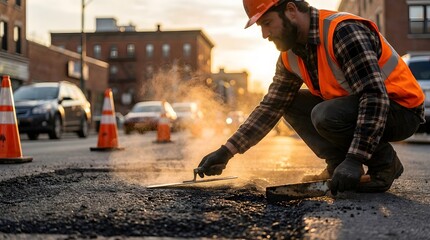Obraz premium Construction worker in safety vest repairing hot asphalt on urban street during golden hour